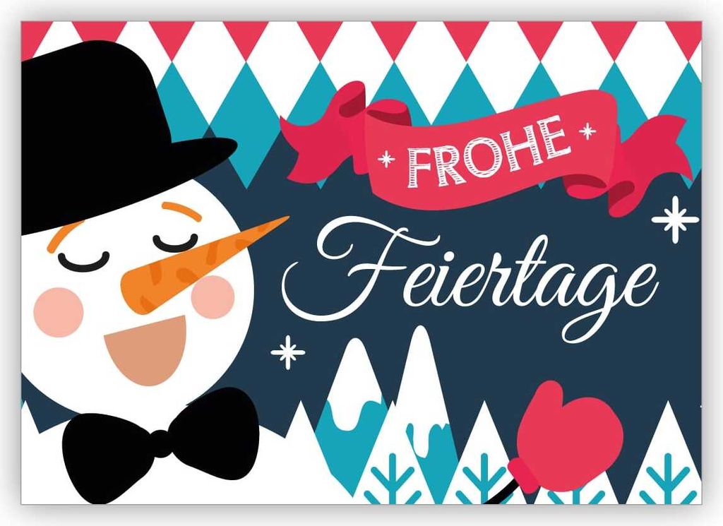 Lustige Retro Weihnachtskarte mit Schneemann und Bergen: Frohe Feiertage