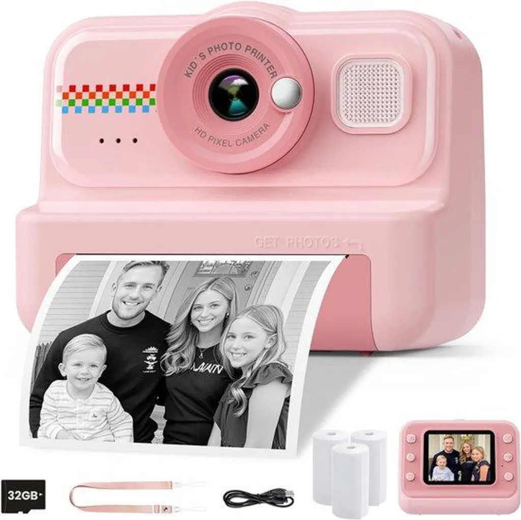 Caméra instantanée enfant 32 Go avec impression noir et blanc rapide