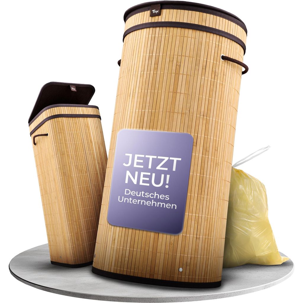 Tropi Bambus Müllsackständer für Gelbe Säcke – 80L Gelber Sack Ständer mit Deckel & Sichtschutz – Stilvoll für deine Küche! (Rund)