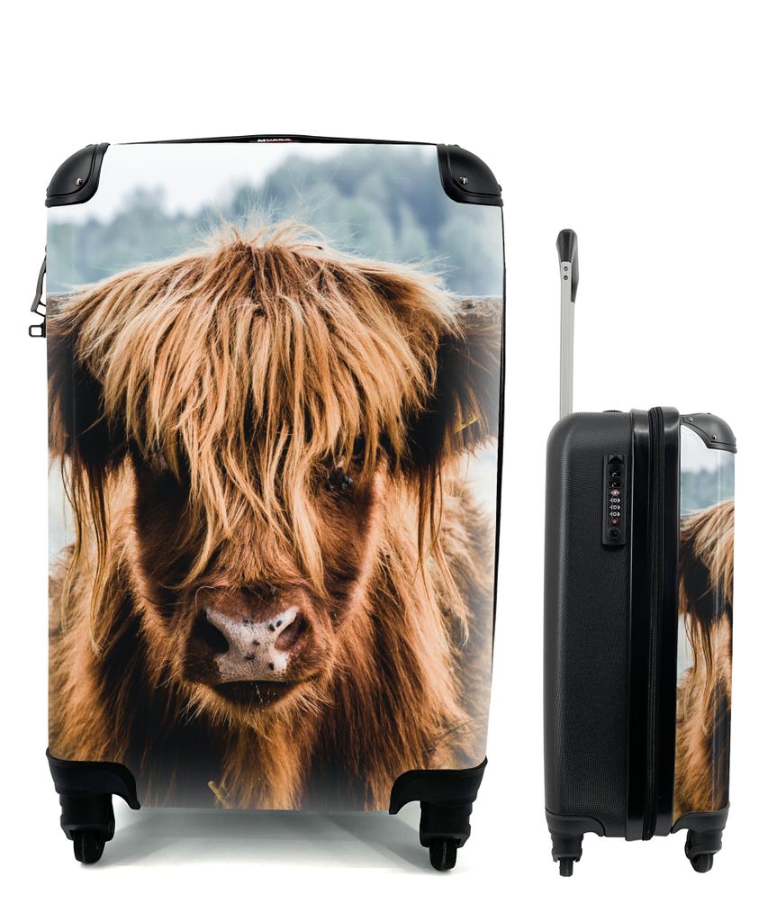 MuchoWow Koffer Handgepäck Trolley Rollkoffer Kleine Reisekoffer mit 4 Rollen - Kühe - Schottische Hochlandbewohner - Braun - Natur - Cabin Siz...