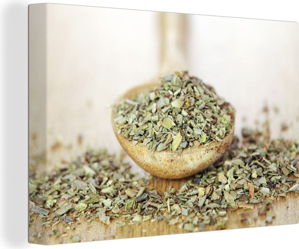 OneMillionCanvasses - Leinwandbilder - 140x90 cm, Getrockneter Oregano in einer Holzschale, Wandbilder Kunstdruck Wanddekoration - Foto auf Leinw...