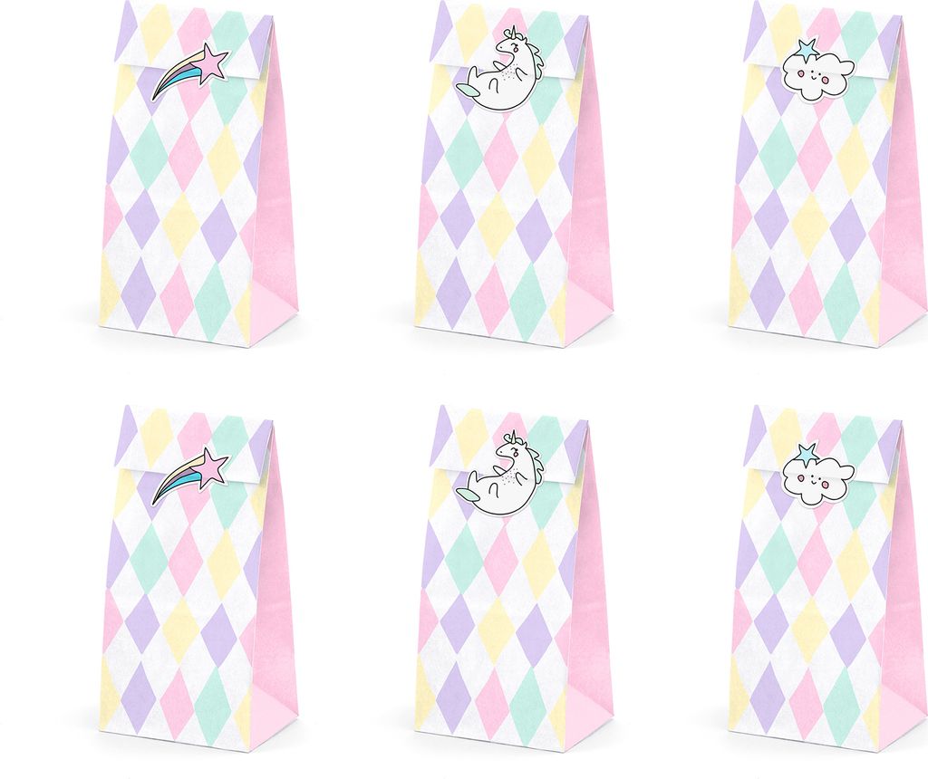 Papiertüten mit Einhorn Aufklebern 6er Set bunt pastell