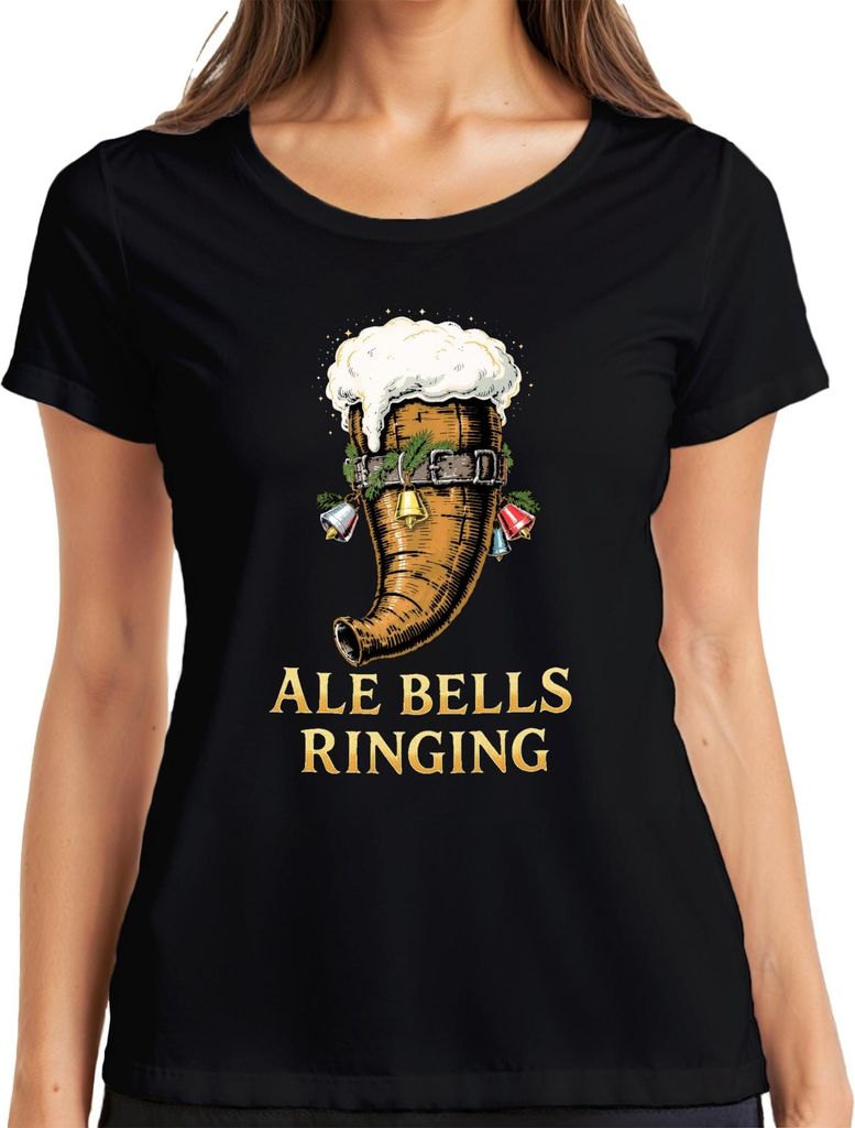 Ale Bells Ringing Weihnachtsbier Bierhorn Festlich Retro Damen T-Shirt, Schwarz, M