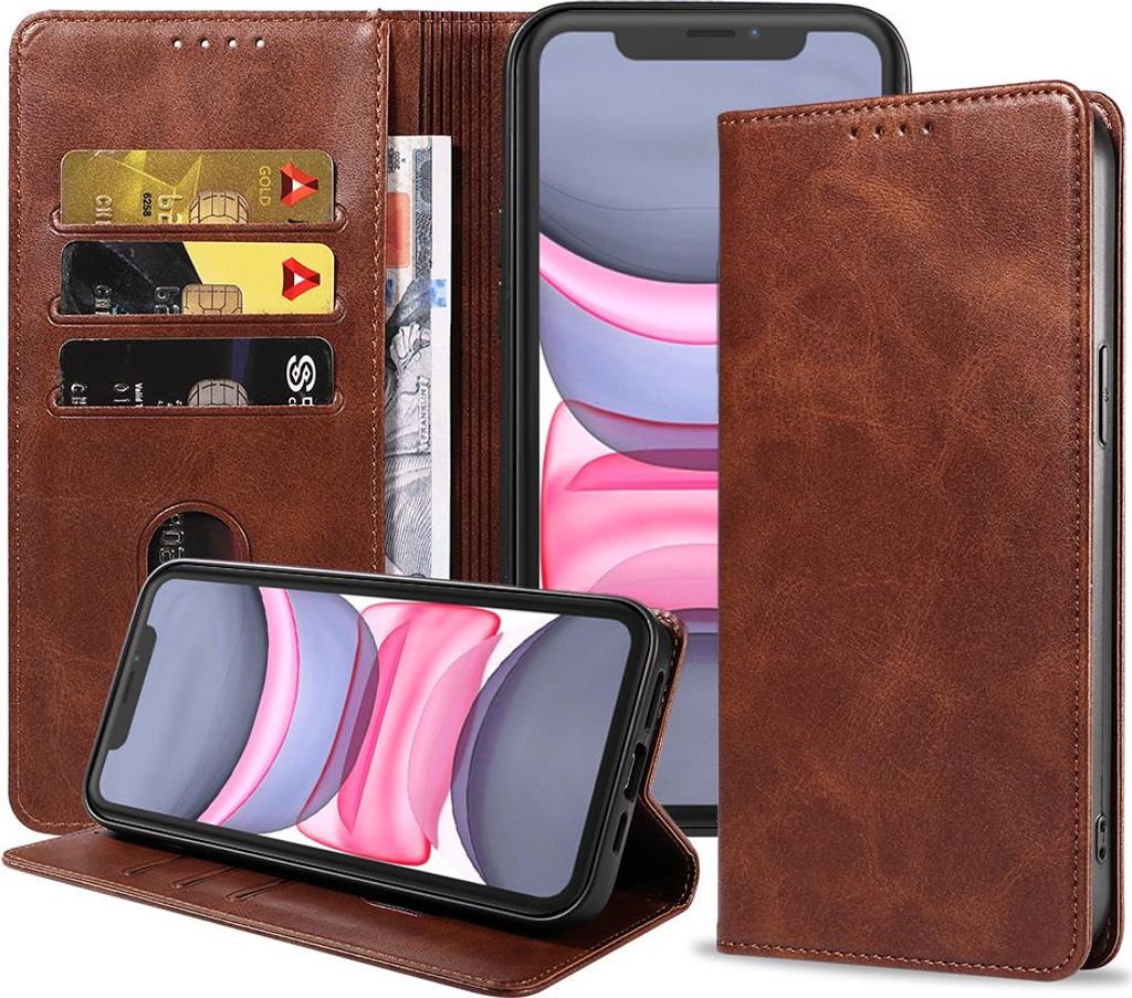 Smartphonica iPhone 11 Kunstledertasche mit Magnetverschluss und Kartenhaltern Buchhülle - Dunkelbraun