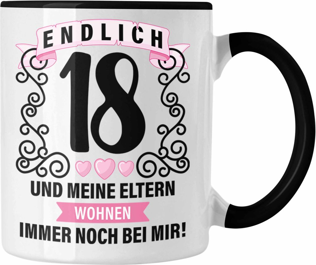 Trendation - 18er Geburtstag Tasse Geschenk Mädchen Jungen Geschenkidee Lustig Spruch 18 Geschenke Geschenkideen zum 18 Bday 18. (Schwarz)