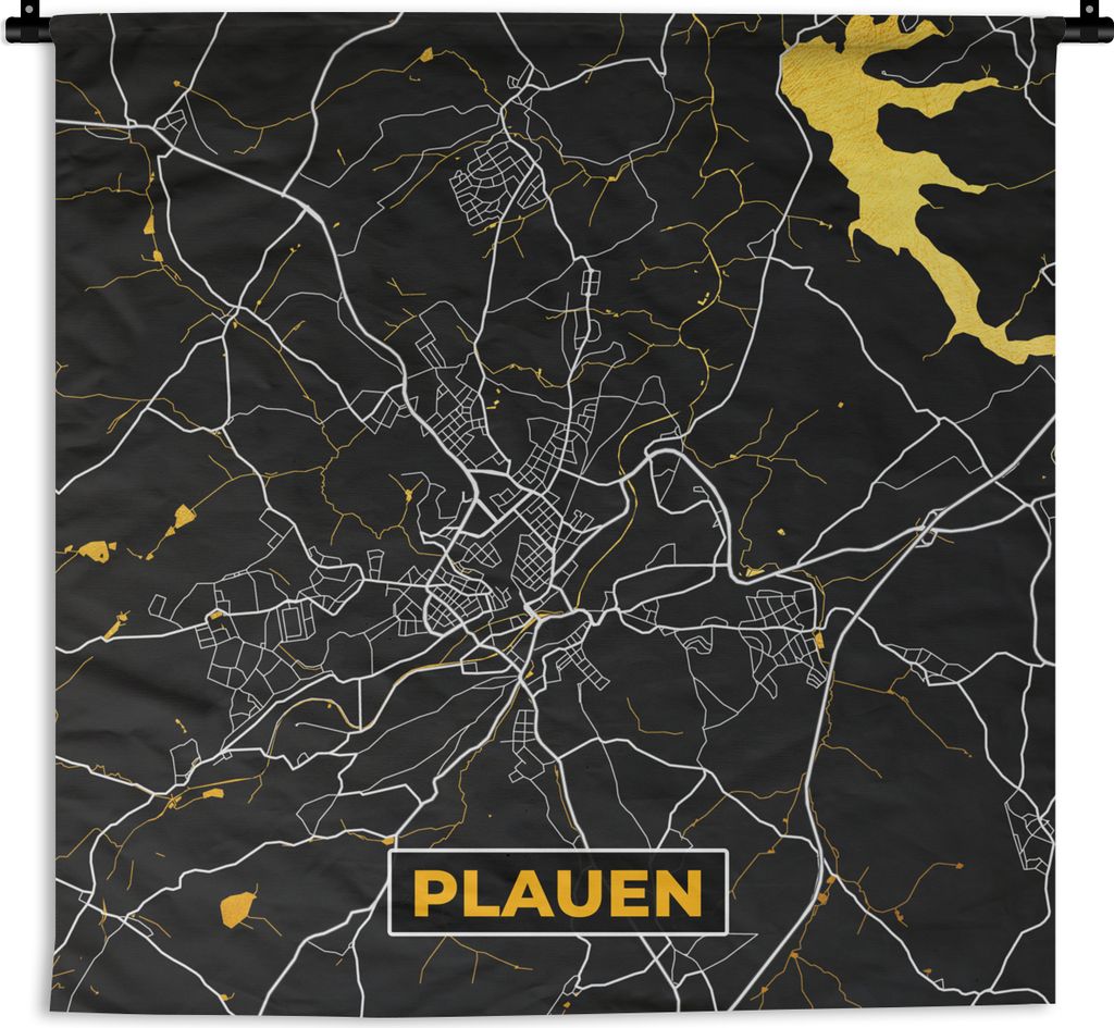 MuchoWow Wandteppich Wandbehang Deutschland - Schwarz und Gold - Plauen - Stadtplan - Karte 150x150 cm Tapisserie Dekoration Wandtuch - Wohnacces...