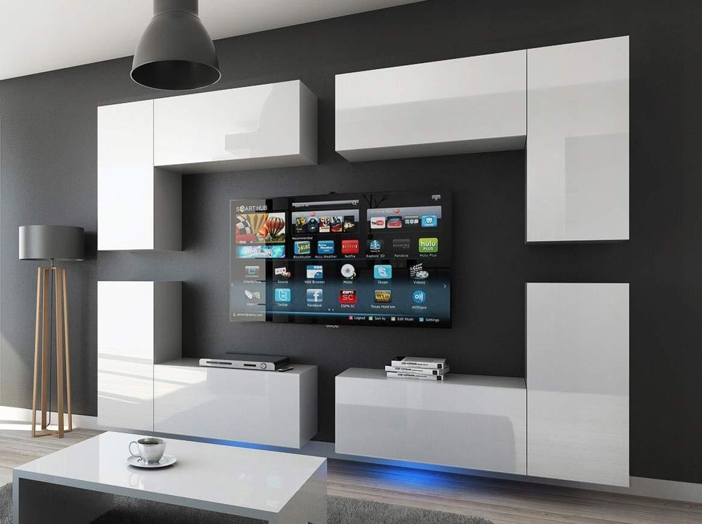 Furnitech Wohnwand Wohnzimmer | Wohnzimmer Möbel mit LED Blau | Hängend Wohnwand Modern | Wohnzimmer Schrankwand mit Regale und TV Schrank (Futur...
