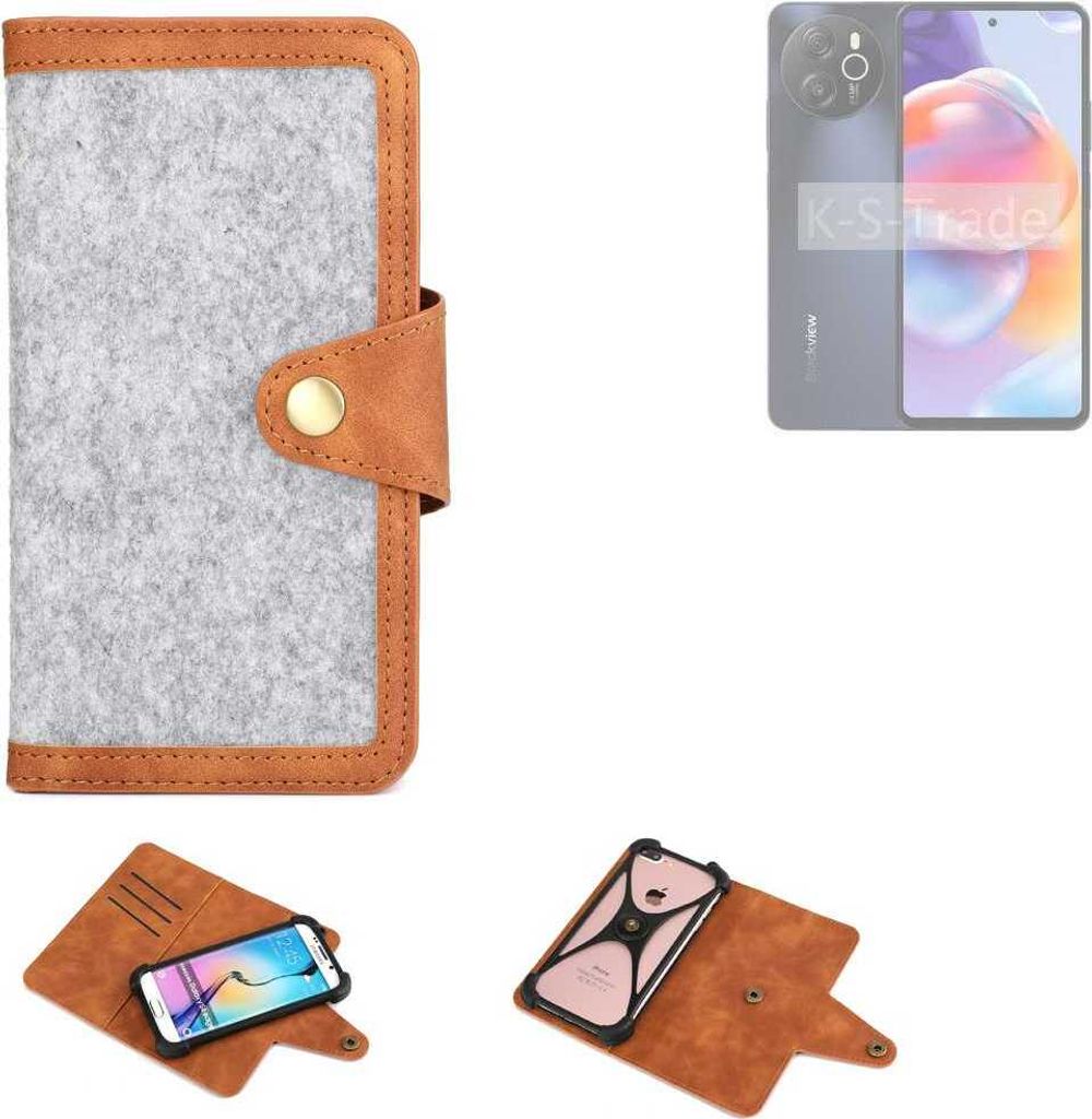 K-S-Trade Handyhülle kompatibel mit Blackview Shark 8 Schutzhülle Filz-Hülle Kunst-Leder hellgrau braun (1x)