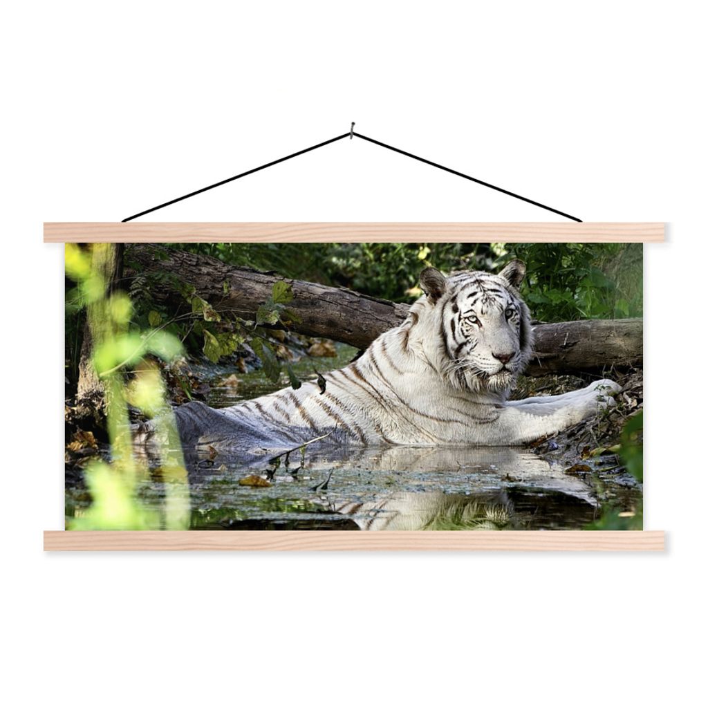 MuchoWow Textilposter Weißer Tiger im Wasser 60x30 cm mit holzfarbenen Rahmen - Dekoration