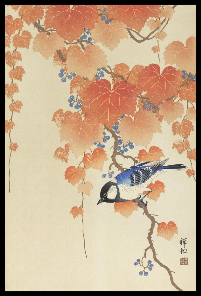 Plakat 40x60cm Kohlmeise auf Ast, Japanische Kranich Vintage für das Wohnzimmer