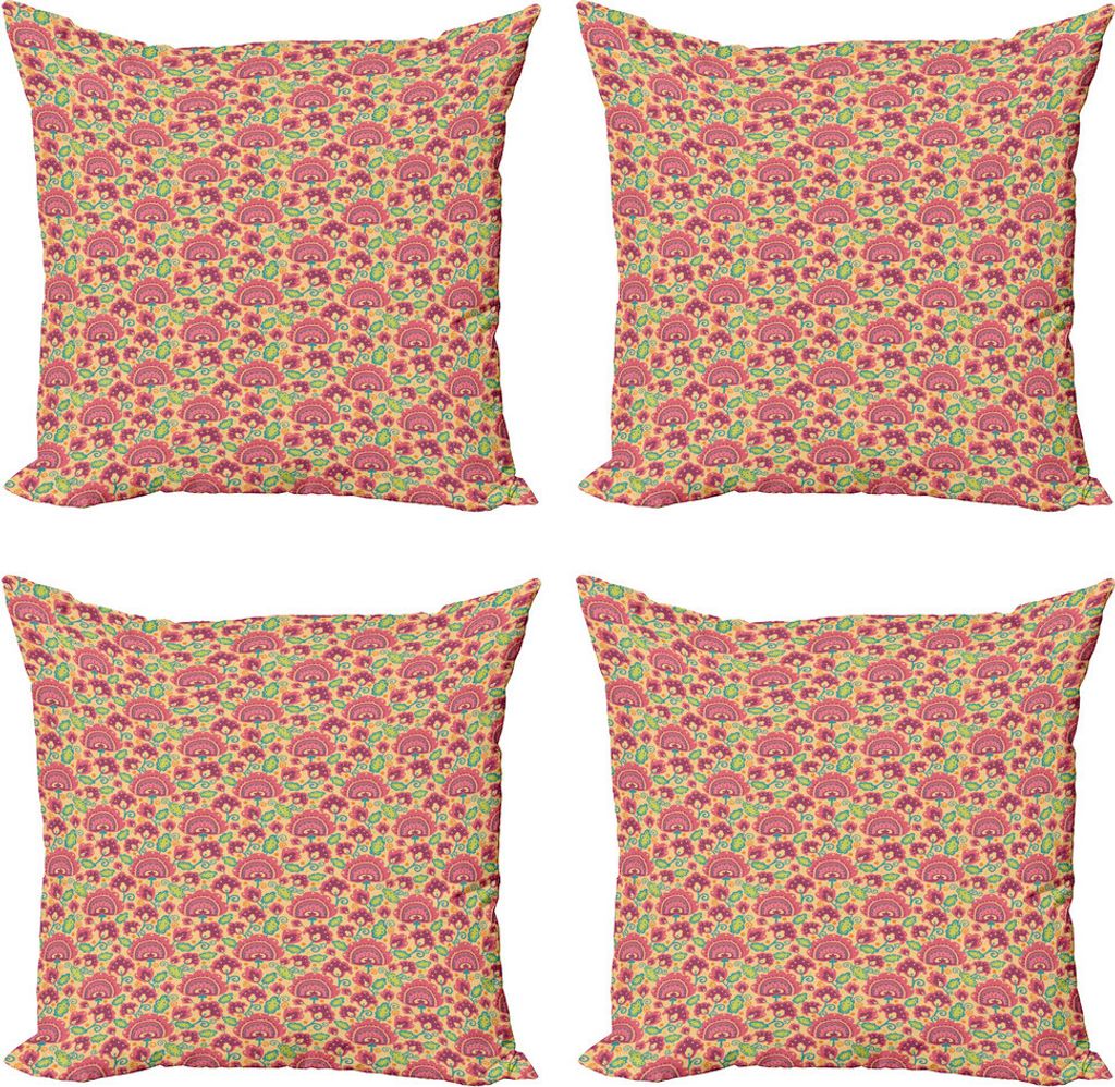 ABAKUHAUS Volkskunst Kissenbezug Set (4 Stück), Curlicue Blumenmotiv-Dots, Moderner Doppelseitiger Digitaldruck, 60 cm x 60 cm, Mehrfarbig