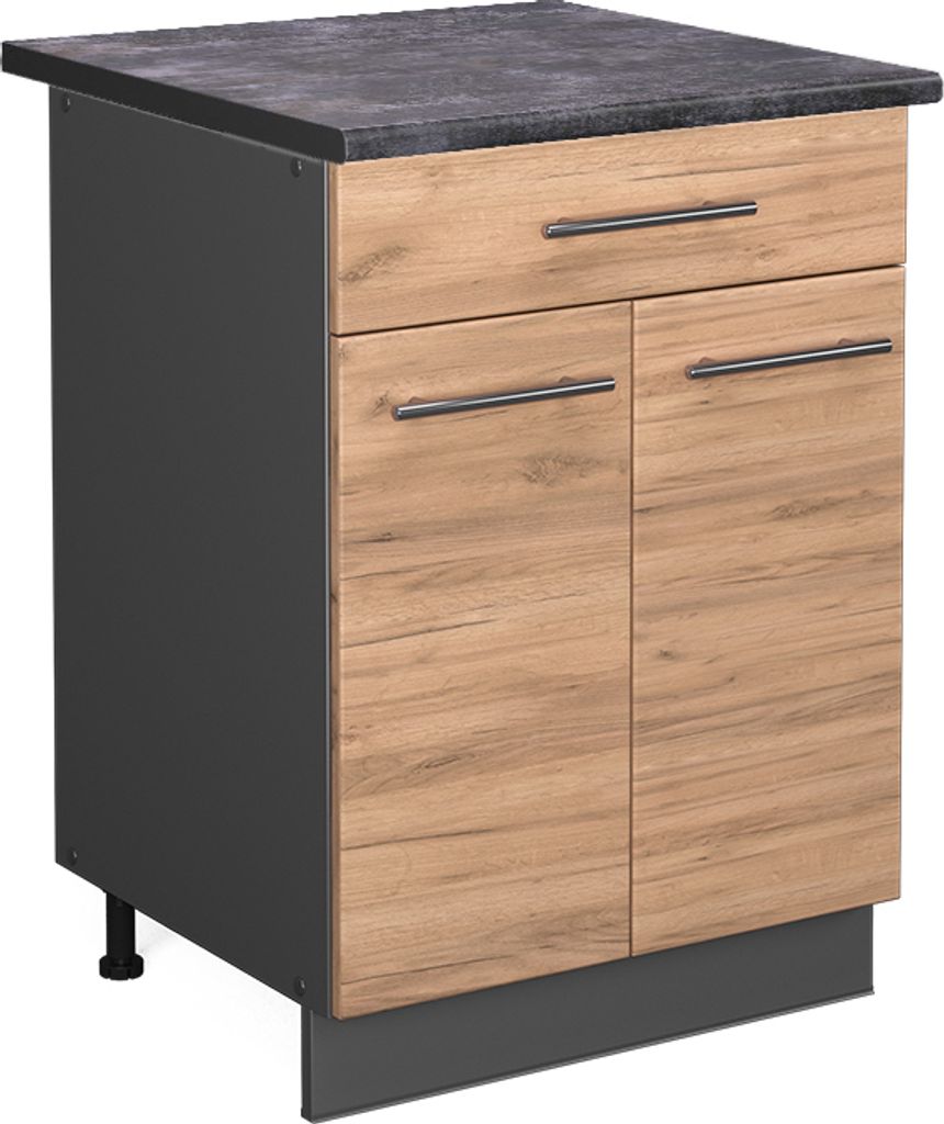 Küchenunterschrank Vicco Fame-Line Goldkraft Eiche 60 cm mit Schublade, AP Anthrazit, Model 46394