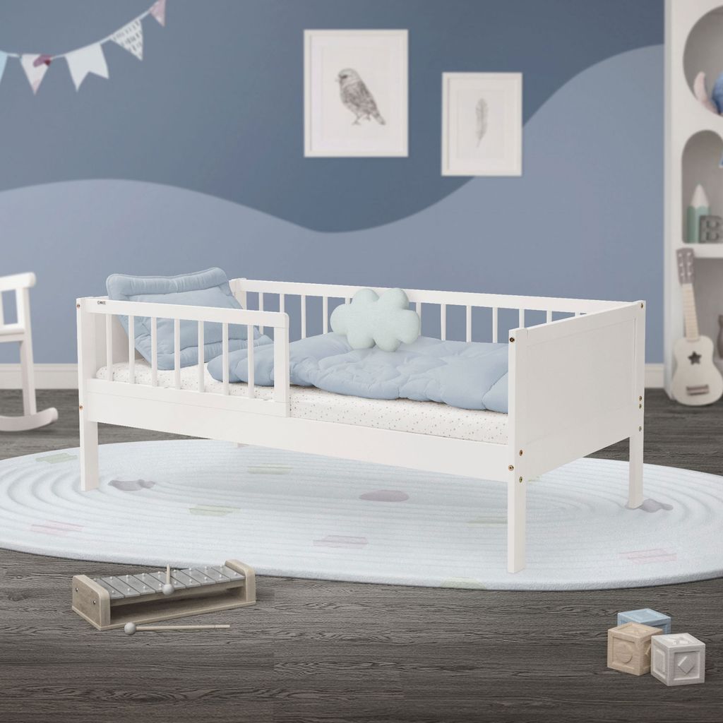 ML-Design Kinderbett mit Lattenrost und Rausfallschutz, 70x140 cm, Weiß, Massivholz Einzelbett für Kinder, Jungen & Mädchen