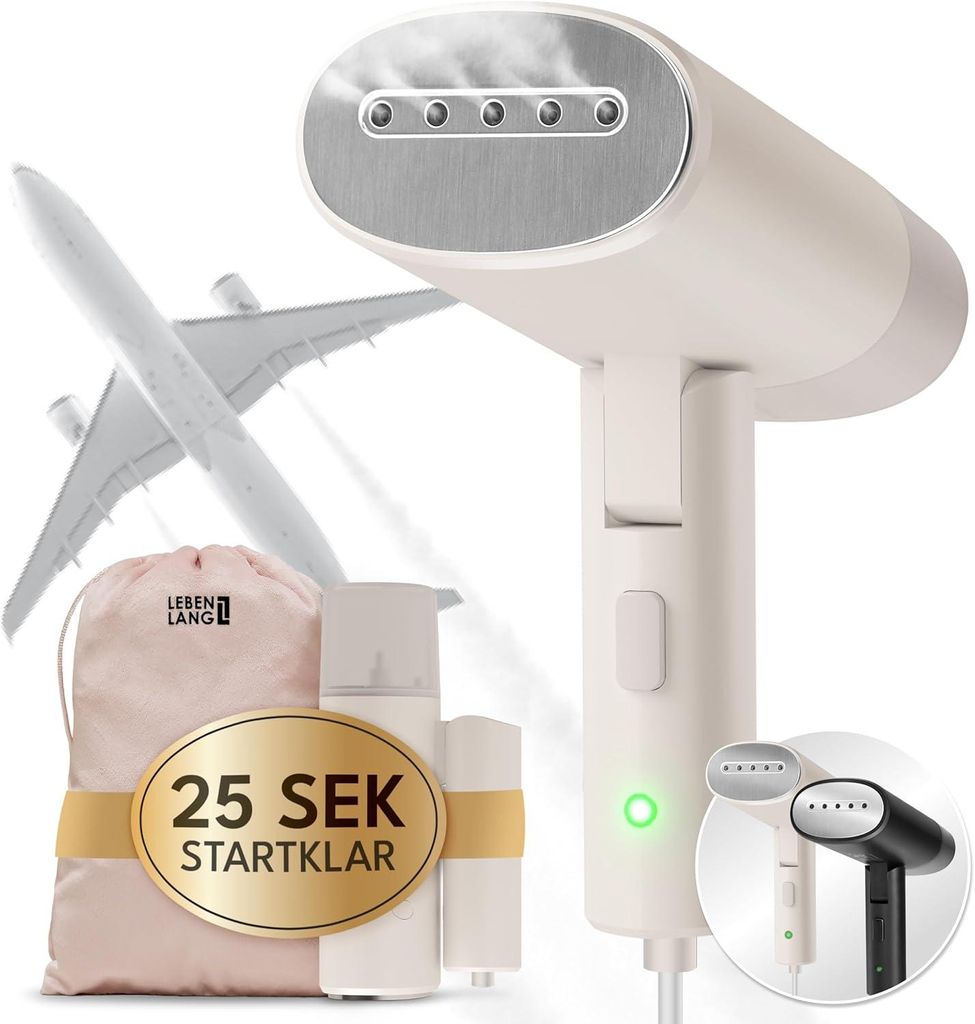 Reise Dampfglätter 900W Faltbar Handdampfer, 120ml Wassertank, 25s Aufheizzeit, Tragbarer Steamer mit Reise Set, Bügelhandschuh & Tasche für Urlaub