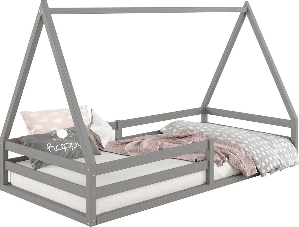 Hausbett SILA aus massiver Kiefer, schönes Montessori Bett in 90 x 200 cm, stabiles Kinderbett mit Rausfallschutz und Dach in grau