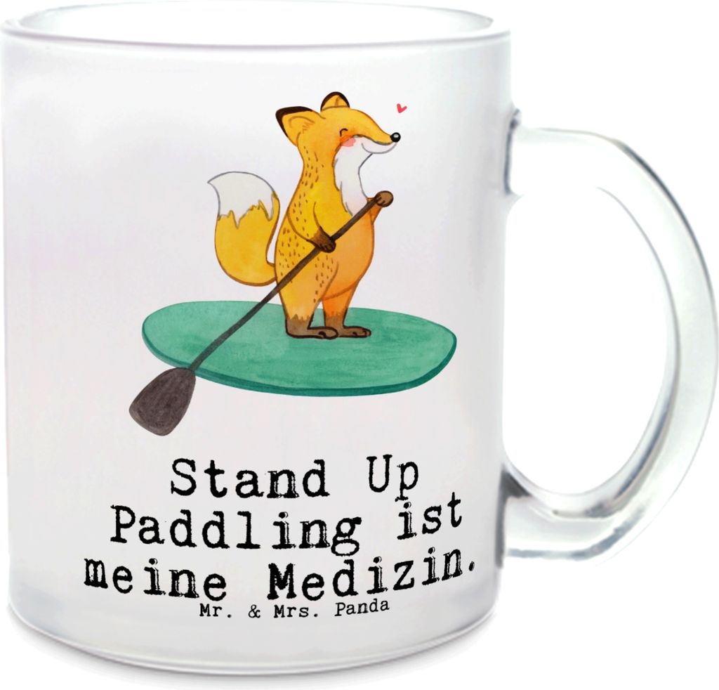 Mr. & Mrs. Panda Tee Tasse Fuchs Stand Up Paddling - Transparent - Geschenk, Motivtasse, Subben, Paddle Boarding, Glasbecher, Teeglas, Teetasse, Ha...