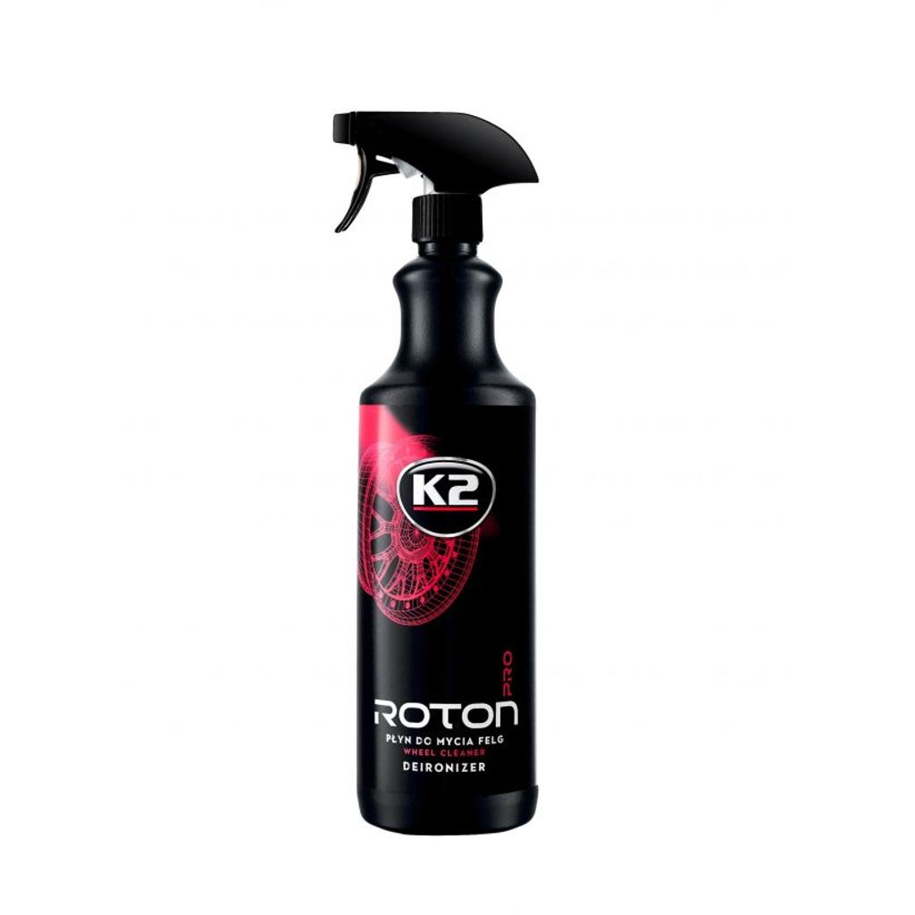 A black spray bottle with red accents and branding.