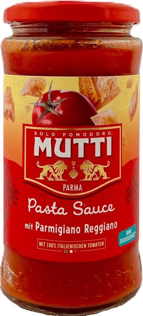 A jar of Mutti Pasta Sauce with Parmigiano Reggiano.