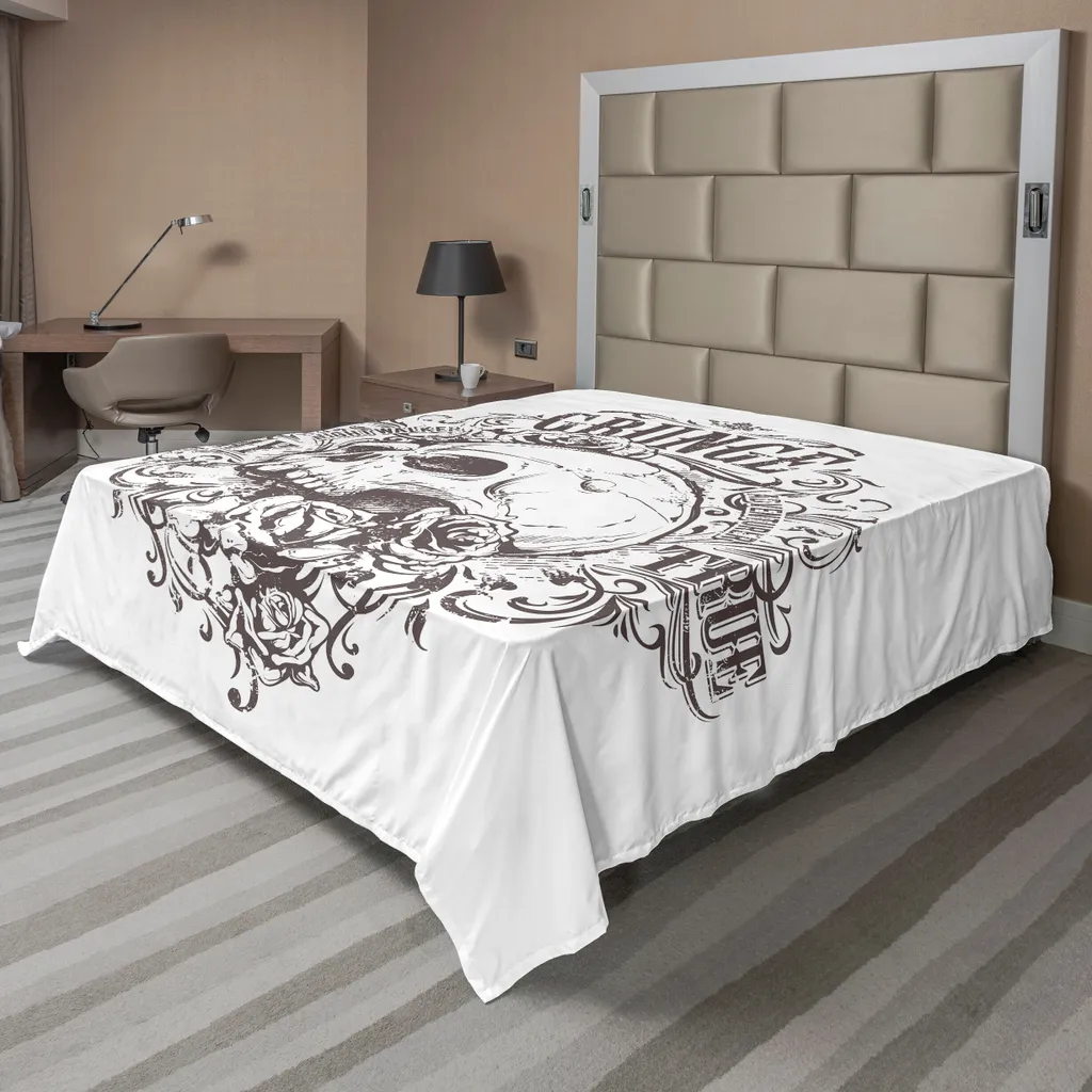 Drap de lit grunge ABAKUHAUS motif tête de mort et rose 244 x 205 cm