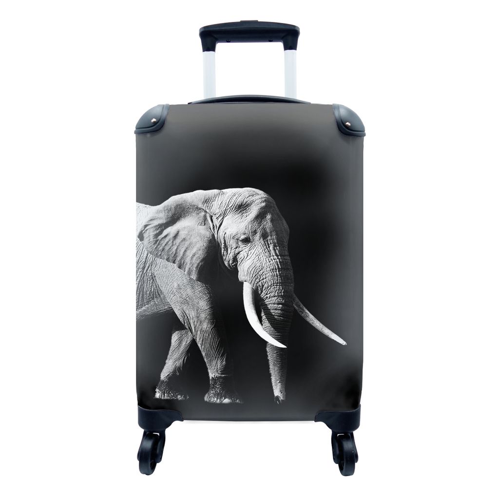 MuchoWow Koffer Handgepäck Trolley Rollkoffer Kleine Reisekoffer mit 4 Rollen - Elefant mit langen Reißzähnen auf schwarzem Hintergrund - schw...