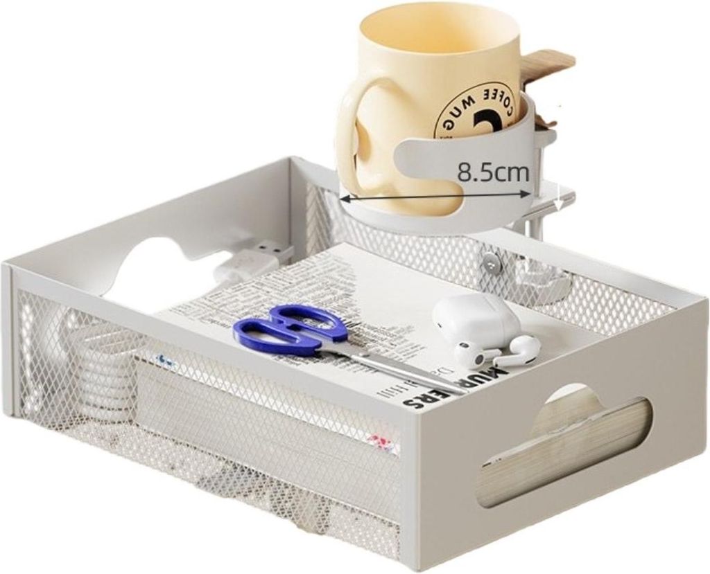 INF Schreibtisch Organizer mit Getränkehalter aus Stahl, 2-in-1 Lösung Weiß