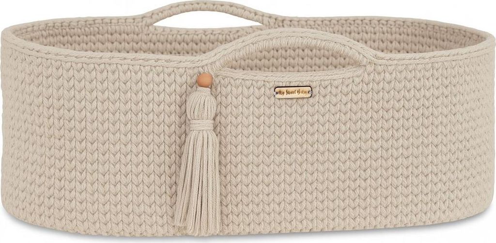 Handgemachter Boho-Baumwoll-Moseskorb mit Matratze - creme Produktbild 