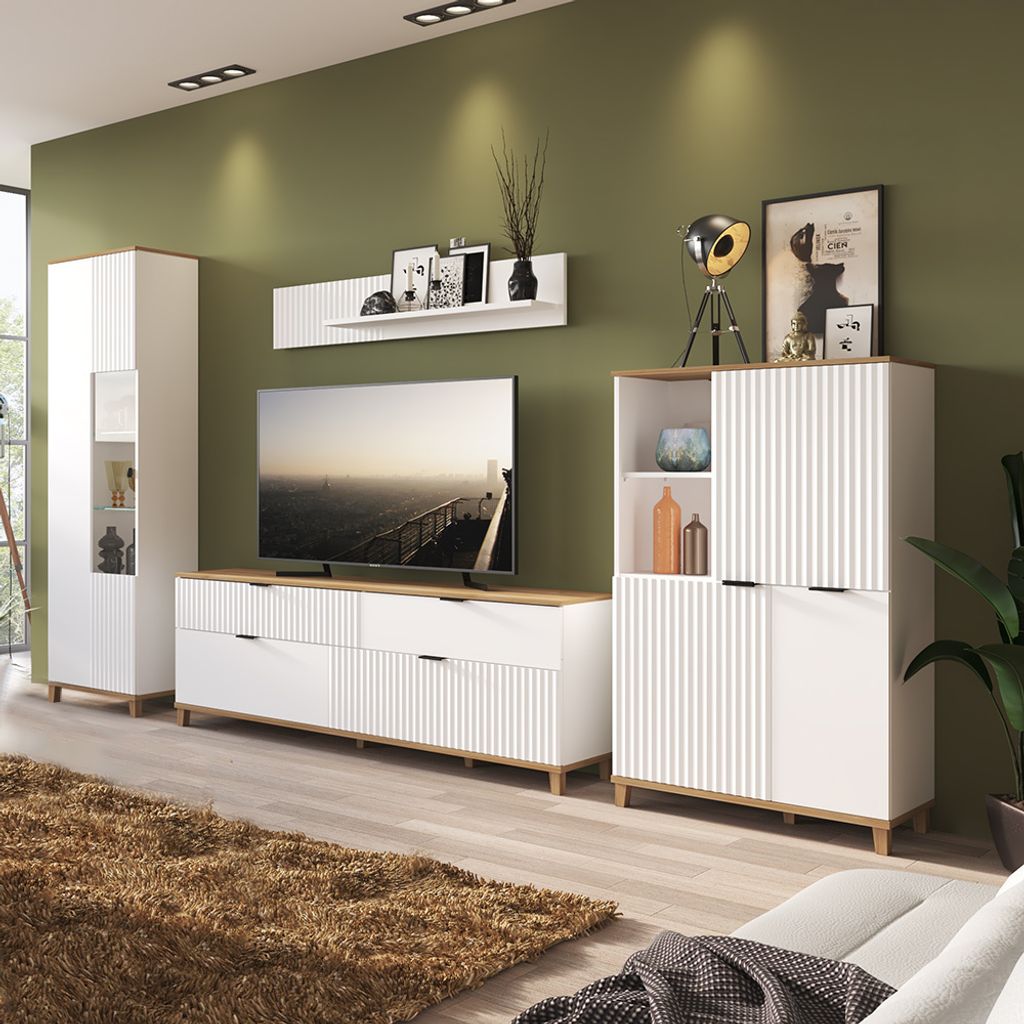 Wohnzimmer Anbauwand PLYMOUTH-129 in weiß mit Eiche Nb., B/H/T: ca. 370/208,4/40 cm