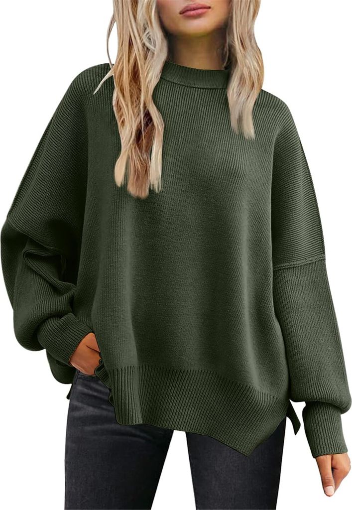 ASKSA Damen Pullover Rundhals Oversized Strickpullover Fledermausaermel Pulli Herbst Winter Warm Lose Strick Seitlichem Schlitz Sweater Oberteile (...
