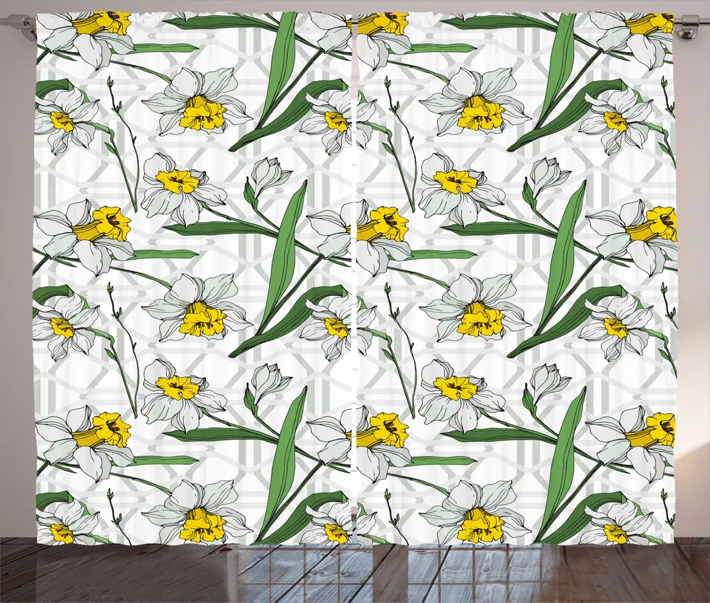 Rideaux de salon à fleurs modernes narcisse jaune et vert 280x225 cm