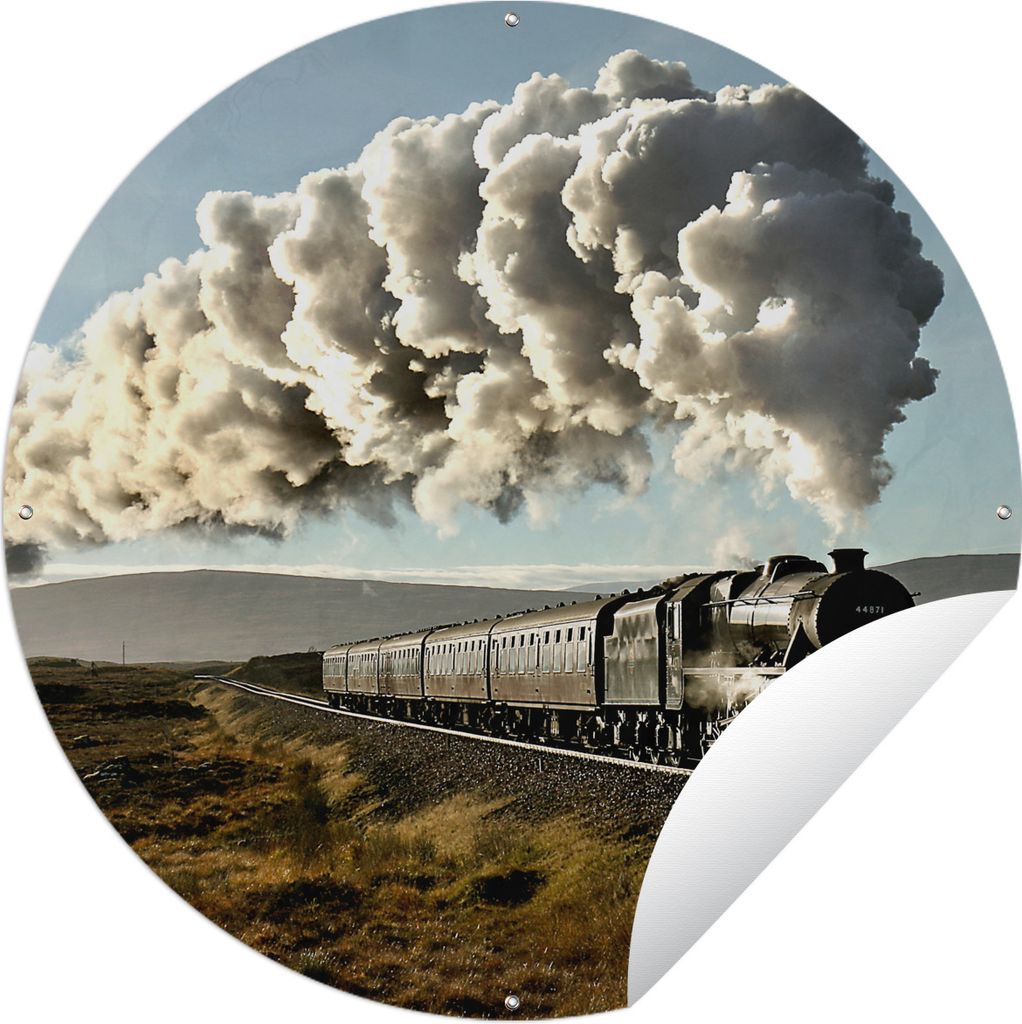 MuchoWow Gartenposter Outdoor-Poster Rund Ein Dampfzug über eine Brücke mit der grünen Landschaft Ø 150 cm Gartendeko Rundes Poster draußen