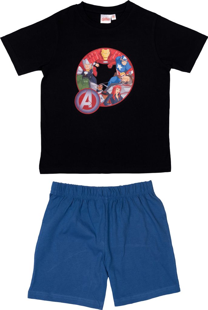 Marvel The Avengers Schlafanzug für Jungen - Kinder Pyjama Set Kurzarm Oberteil mit Hose Schwarz/Blau 110-116