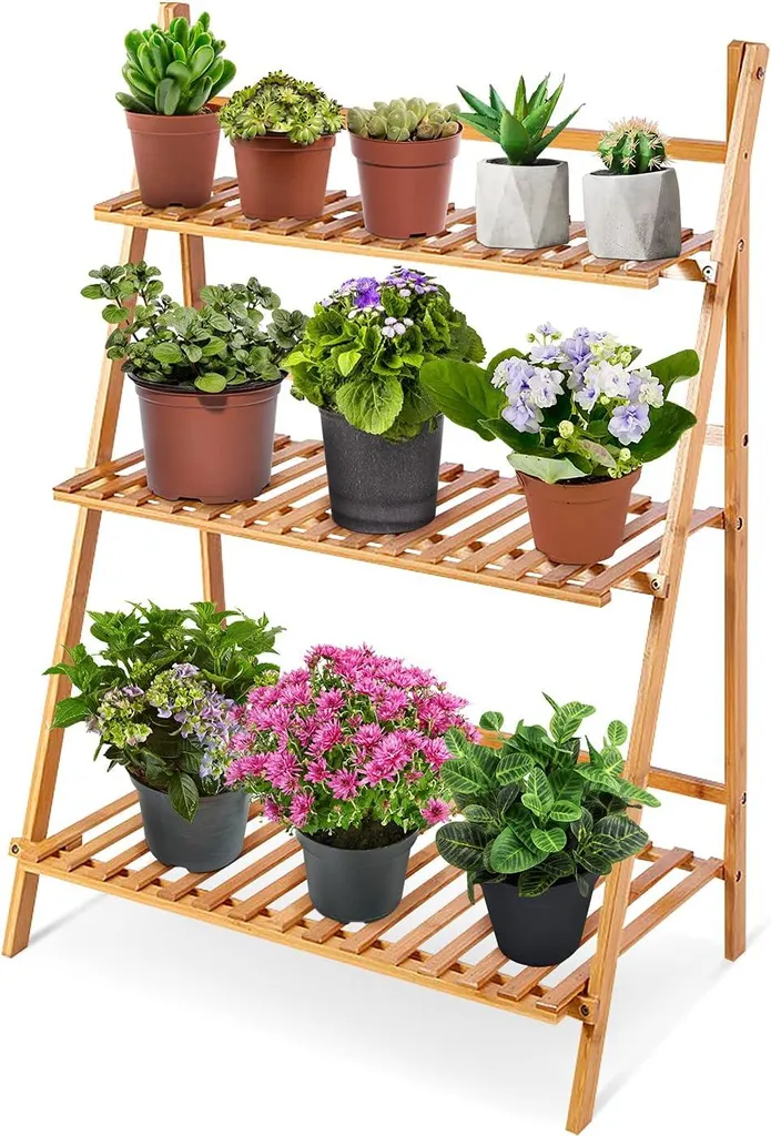 Étagère plantes gain de place en bambou - Support pliable 3 niveaux