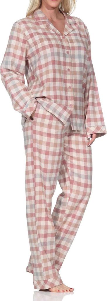 Normann Damen Flanell Schlafanzug langarm Pyjama mit Knopfleiste in Karo-Optik ; altrose , 48