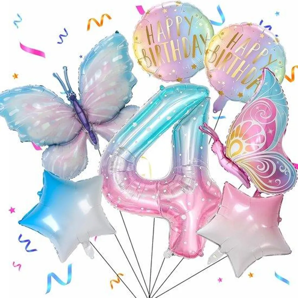 Décoration anniversaire 4 ans avec 5 ballons papillons multicolores