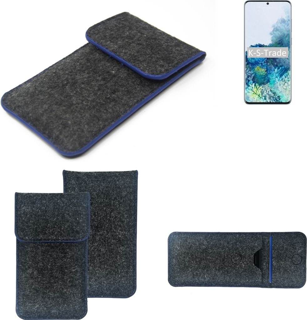 K-S-Trade Handy-Hülle Schutz-Hülle kompatibel mit Samsung Galaxy S20+ SD865 Filztasche Pouch Tasche Case Sleeve Filzhülle dunkelgrau, blauer Rand