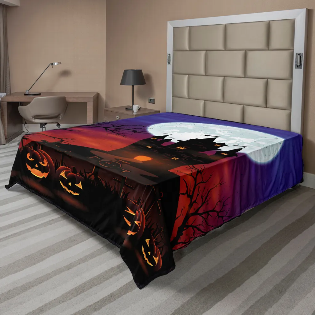 Drap de lit supérieur Halloween imprimé château gothique 260 x 228 cm doux