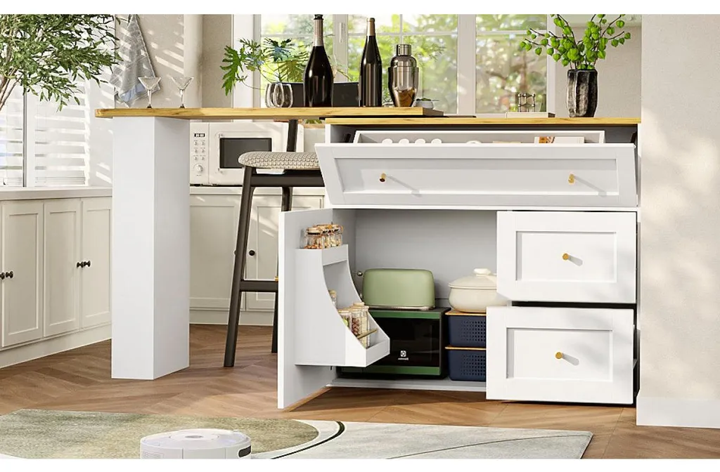 Table de bar extensible blanche 138-204cm avec rangement intégré