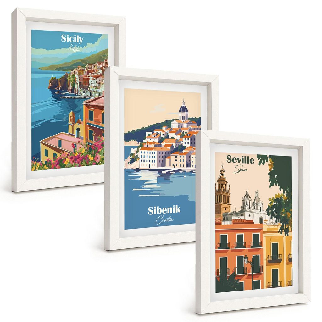 Bilder Set 3-teilig im weißen Rahmen – Wandbilder 3 Stück – gerahmte Poster für Wohnzimmer, Schlafzimmer und Flur – 20x30 cm – Stadtland...