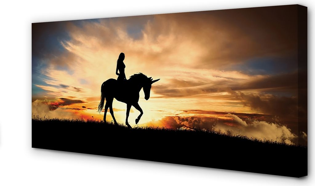 Leinwandbild 140x70 Wandkunst Frau auf Einhorn Sonnenuntergang