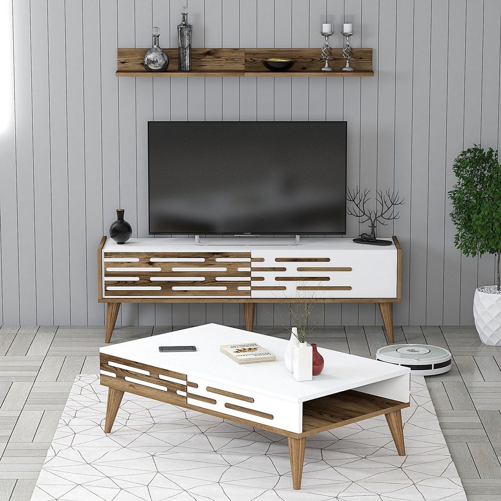 Skye Decor, Valensiya 140 - Walnut, White, Wohnzimmermöbel-Set, Nussbaum, 100 % MELAMINBESCHICHTETE SPANPLATTEN, 140 x 45 x 35 cm