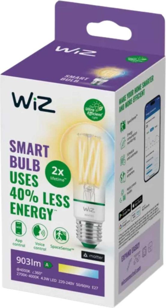 Signify WiZ Bianco 60W E27 A60 Filamento standard chiaro Immagine del prodotto 