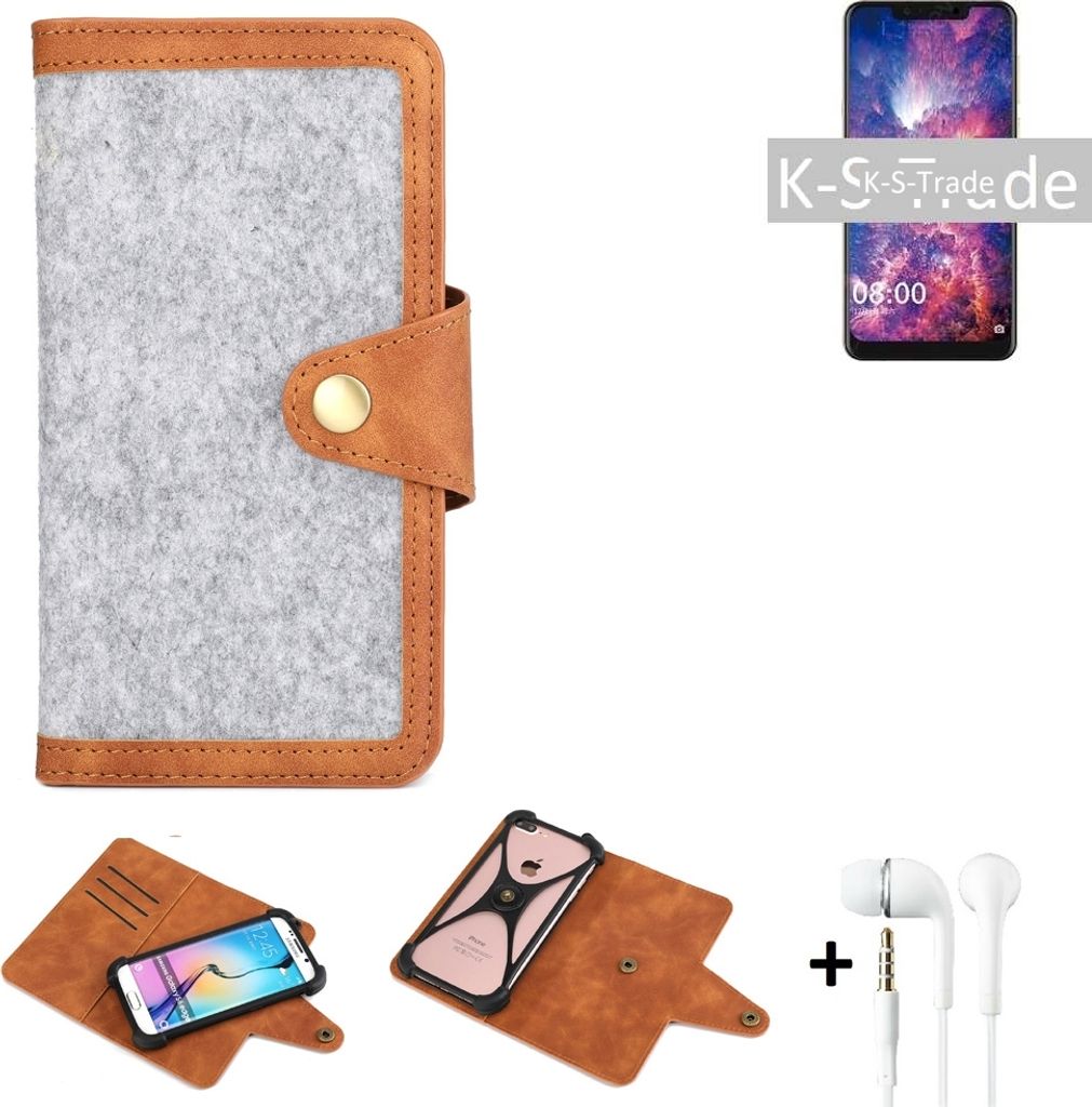 K-S-Trade Handyhülle + Kopfhörer kompatibel mit Sony Xperia 10 Plus Schutzhülle Filz Hülle Kunstleder hellgrau braun (1x)