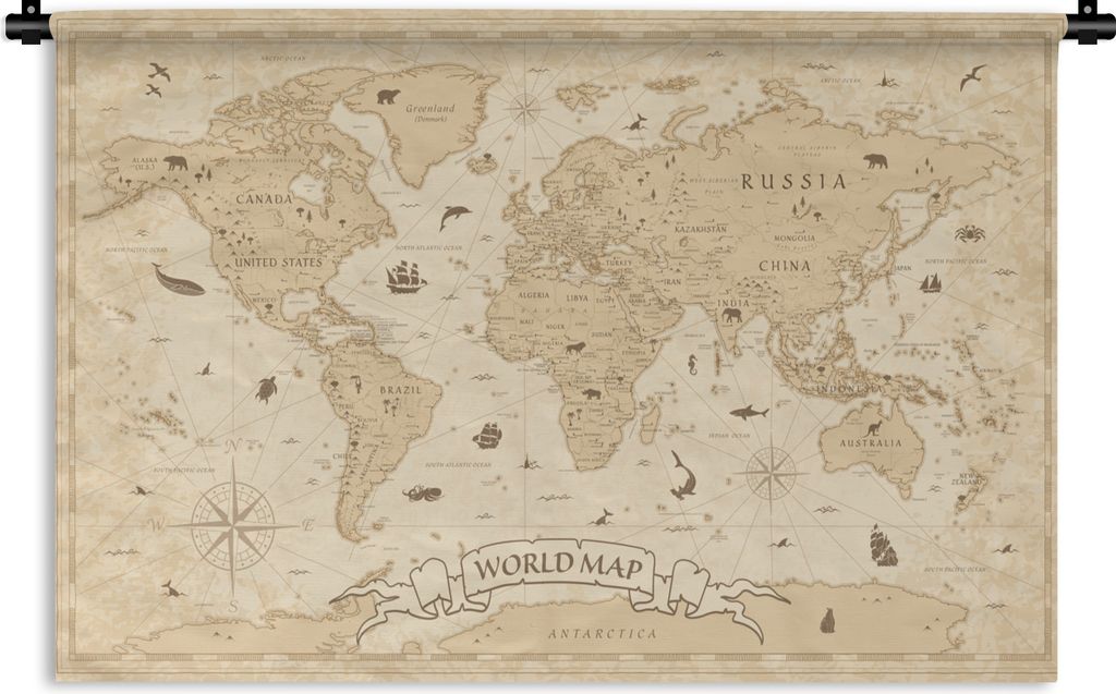 MuchoWow Wandteppich Wandbehang Weltkarte - Retro - Tiere 120x80 cm Tapisserie Dekoration Wandtuch - Wanddekorationen - Wandtücher