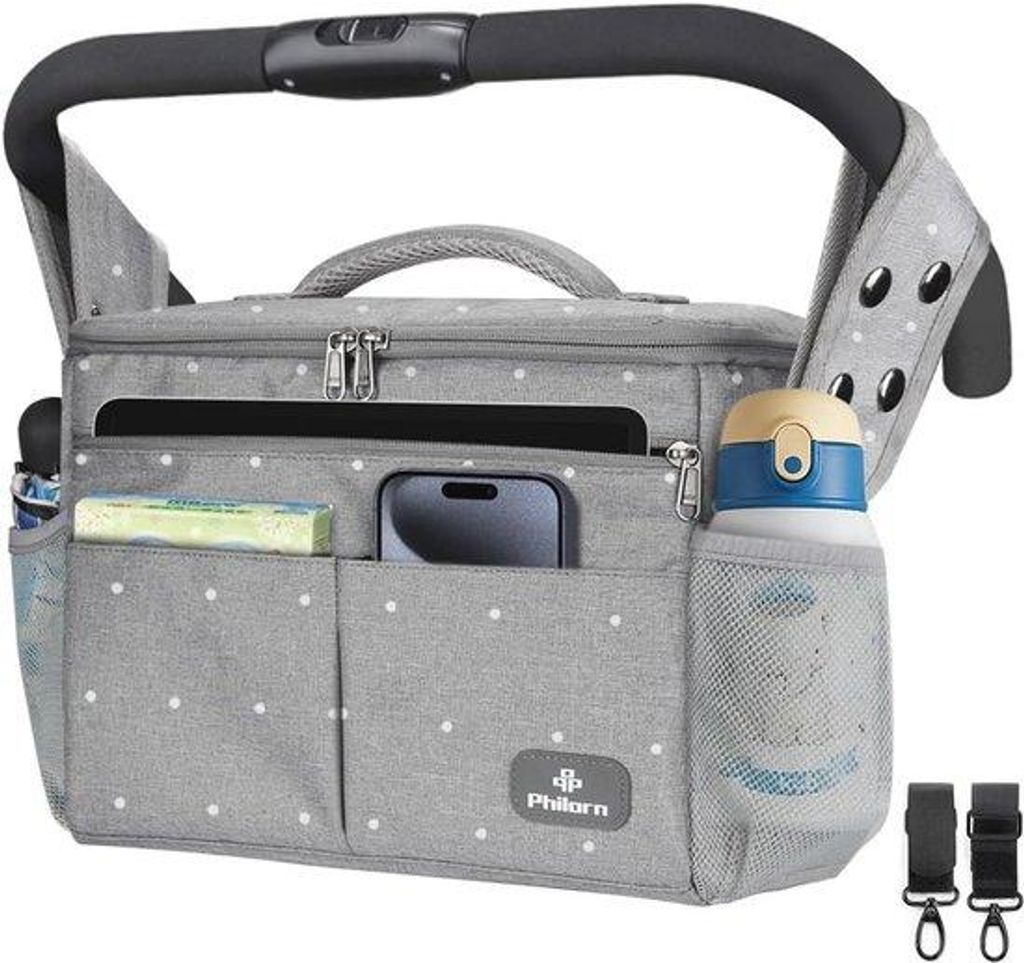 wagen-Organizer mit isolierter Trinkflasche und großem Fassungsvermögen - Universal-Tasche für Kinderwagen - Grau mit Streifen