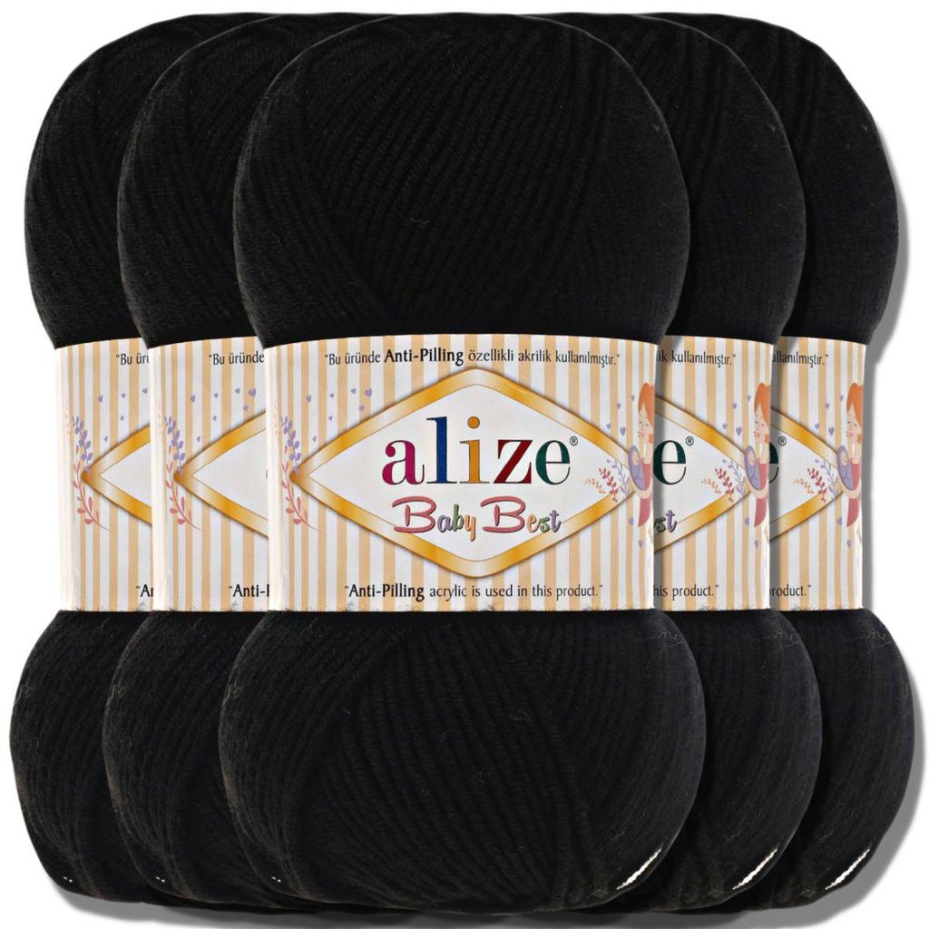 Alize 5x 100g Baby Best Wolle, Antipilling, Uni, Häkeln, Stricken (Black | 60)