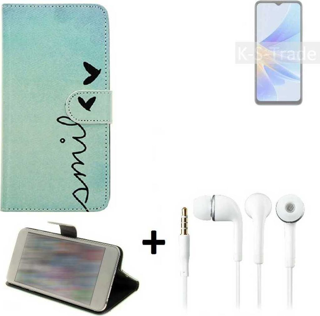 K-S-Trade Schutz Hülle Handy Hülle kompatibel mit Oppo A17 360° Wallet Case Schutz Hülle ''smile'' inkl. Ohrstöpsel Smartphone cover Flipstyle