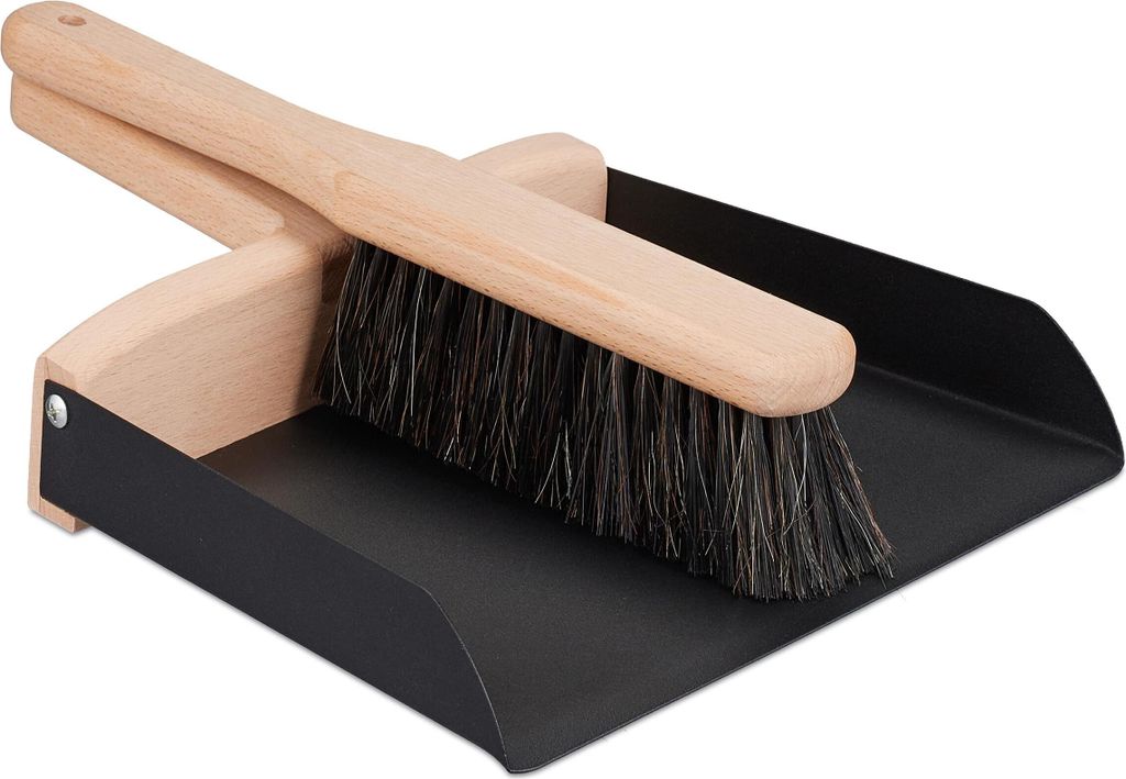 Relaxdays Kehrgarnitur, Set aus Handfeger & Kehrblech, Haushalt & Camping, Metall & Buchenholz, Kehrset, schwarz/Natur