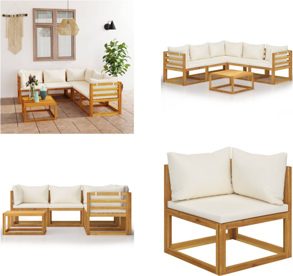 vidaXL 6 tlg. Garten Lounge Set mit Auflagen Creme Massivholz Akazie - Garten-Lounge-Set - Garten-Lounge-Sets - Modulares Sofa-Set - Modulare Sofa-...