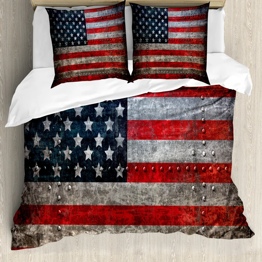 ABAKUHAUS Copripiumino con bandiera americana, piastra con bandiera americana, antiacaro, adatto a chi soffre di allergie, con federe, 155 cm x 220 cm - 80 x 80 cm, rosso grigio