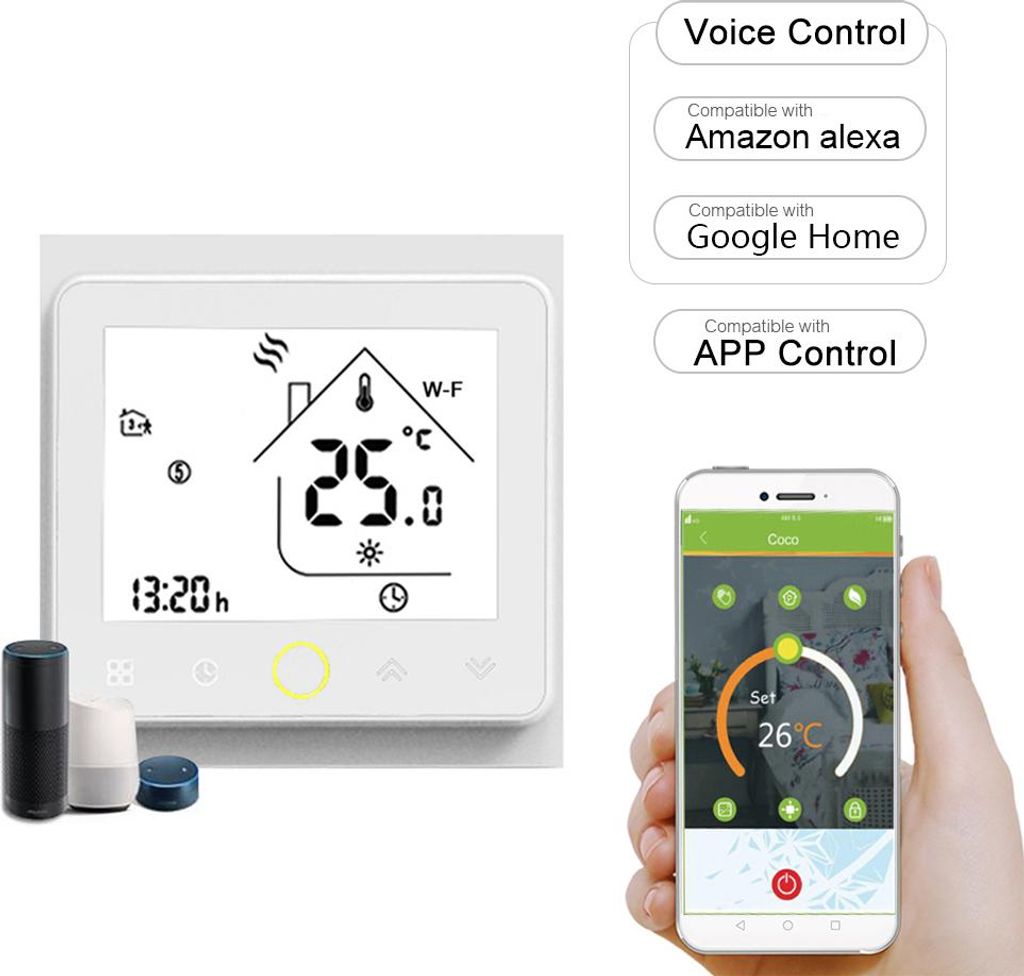 WiFi Thermostat 5A Smart Raumthermostat für Wasser- und Gasthermen, Temperaturregler APP-Steuerung, Kompatibel mit Alexa / Home, für Zuhause -- W...